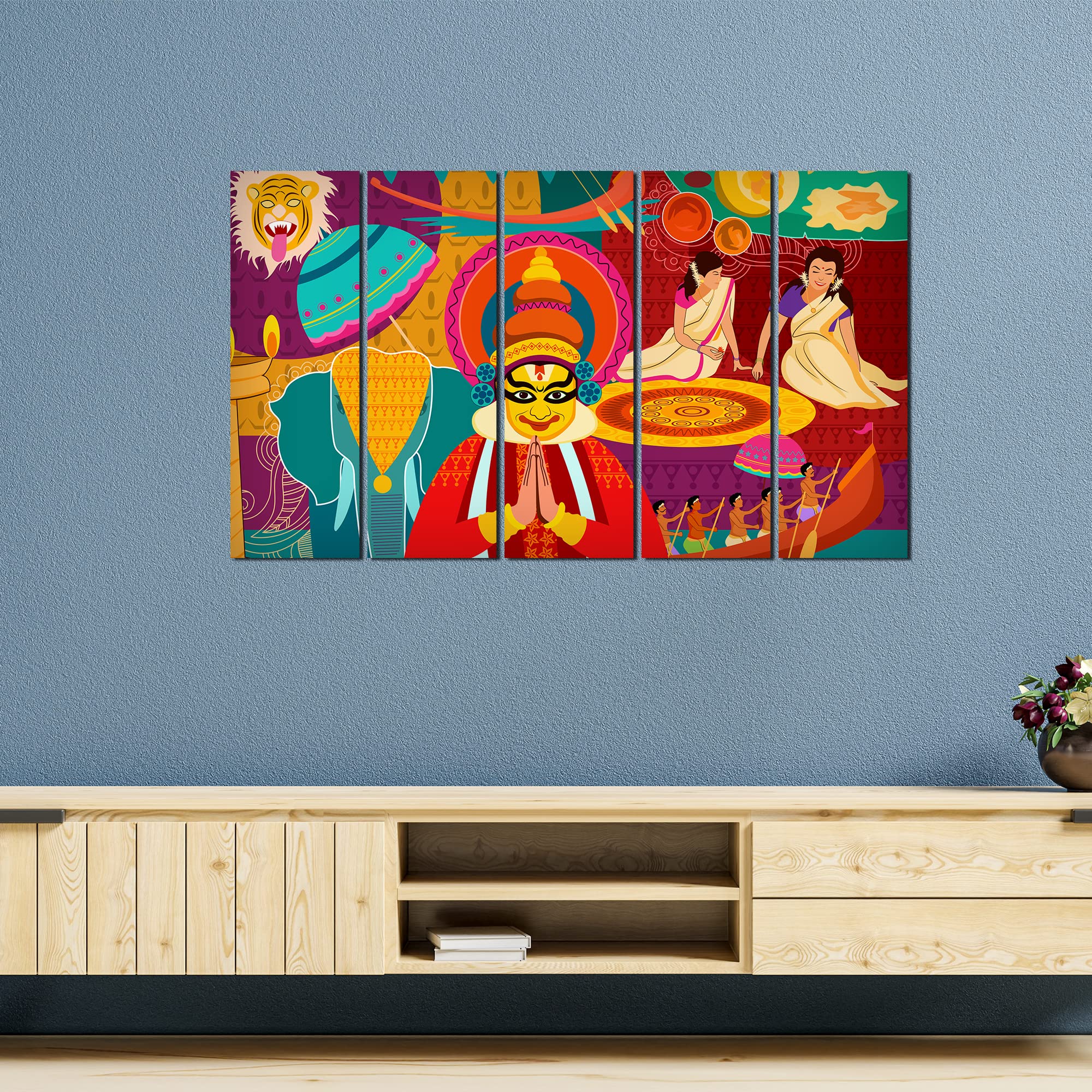 VIBECRAFTS Celebration Onam Festival 5 Pieces Canvas Wall Painting For Home | Office | Living Room | Gift (PTVC5Pcs4_8515)
