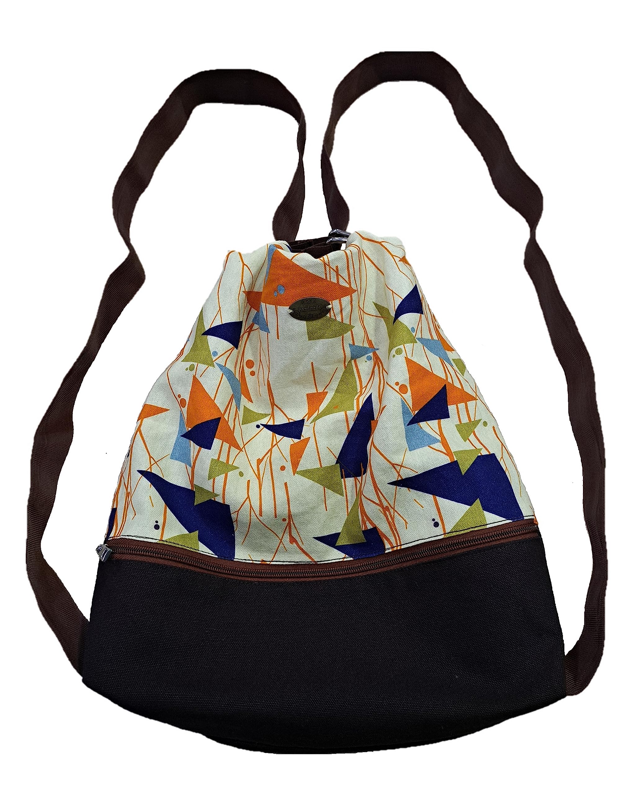 Fabjute Stylish Canvas Zipped Convertible 2in1 Shoulder Tote Handbag and Backpack with cotton lining, useful as a Travel, Shopping, Gym, Tuition Bag (BrownHorizontalPattern)
