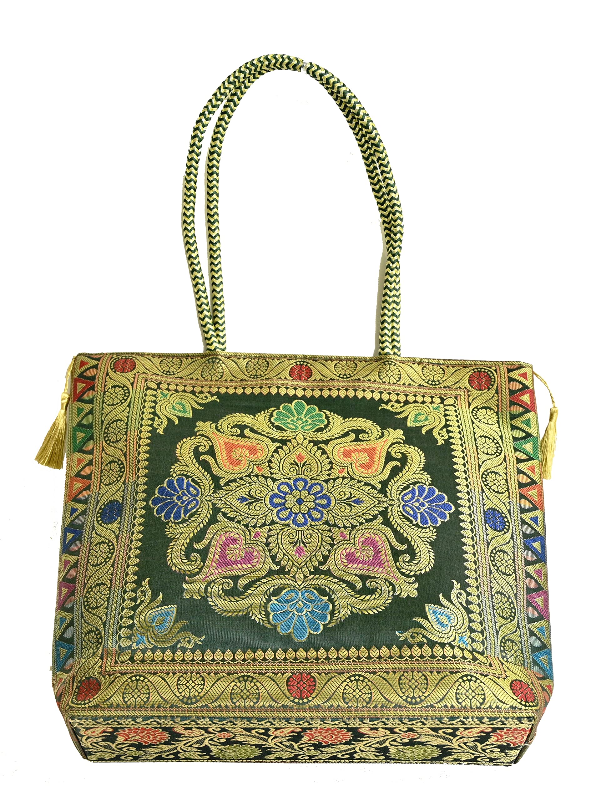 Nirvana Handicraft Silk Hand Bag/Shoulder/Tote Bag For Ladies (Medium, Rangoli, Dark Green (Kai Colour))