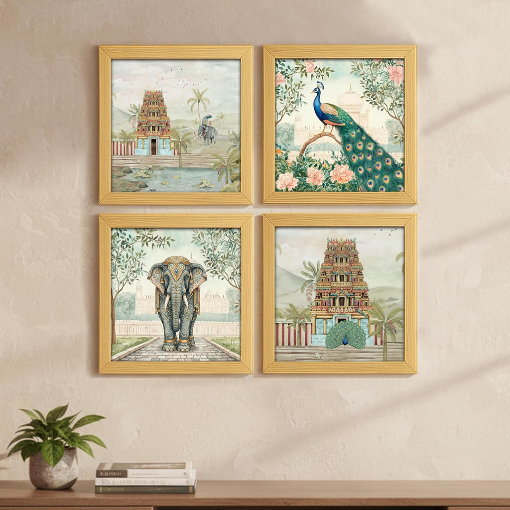 Aesthetic Madhubani Art Paintings For Living Room, Bedroom, Multicolor, Natural Wood Color Frames, 8.0 x 8.0 inch, Set of 4 kafalo