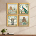 Aesthetic Madhubani Art Paintings For Living Room, Bedroom, Multicolor, Natural Wood Color Frames, 8.0 x 8.0 inch, Set of 4 kafalo