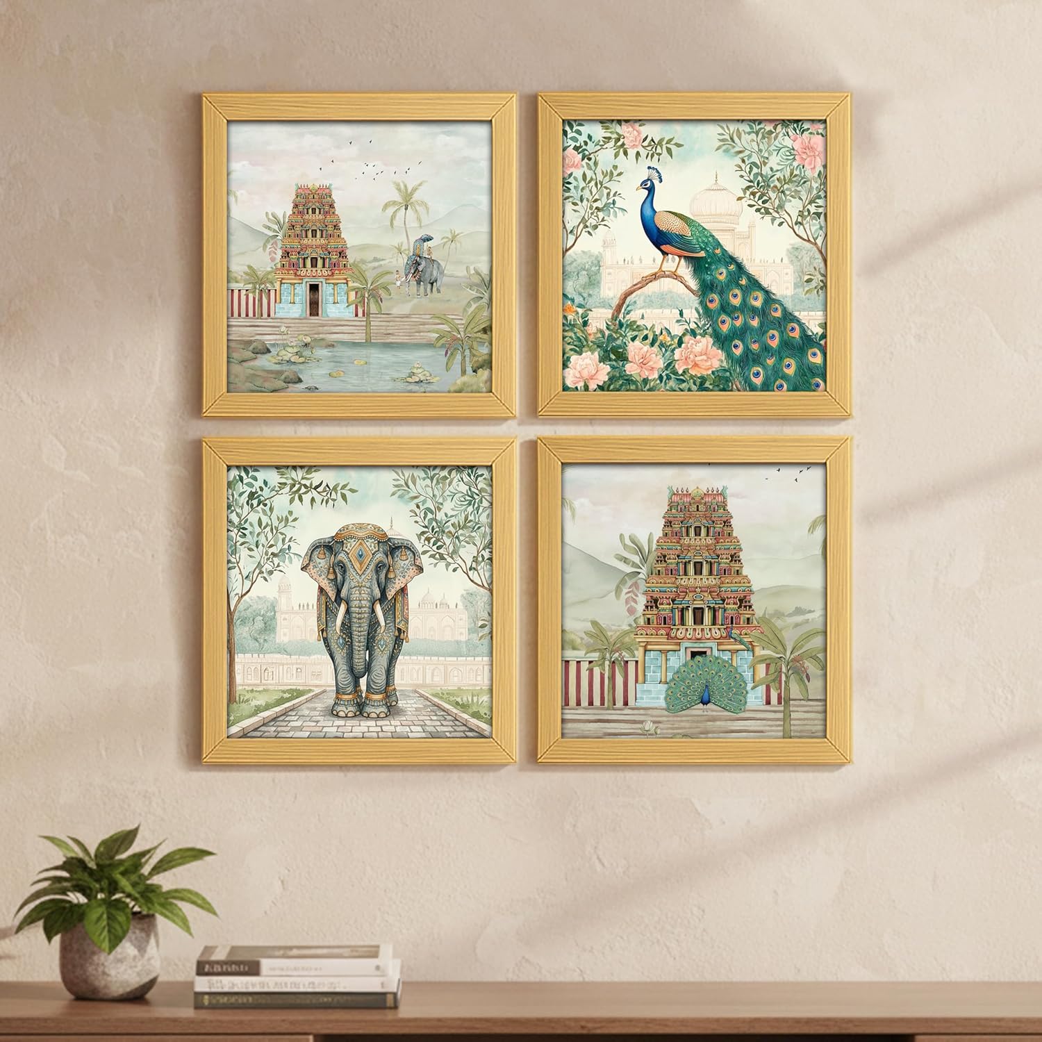 Aesthetic Madhubani Art Paintings For Living Room, Bedroom, Multicolor, Natural Wood Color Frames, 8.0 x 8.0 inch, Set of 4 kafalo