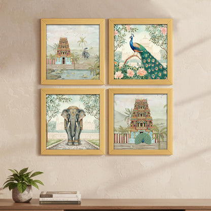 Aesthetic Madhubani Art Paintings For Living Room, Bedroom, Multicolor, Natural Wood Color Frames, 8.0 x 8.0 inch, Set of 4