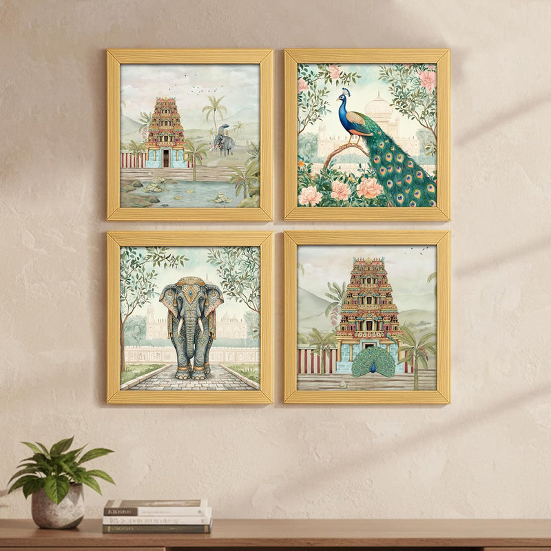 Aesthetic Madhubani Art Paintings For Living Room, Bedroom, Multicolor, Natural Wood Color Frames, 8.0 x 8.0 inch, Set of 4 kafalo