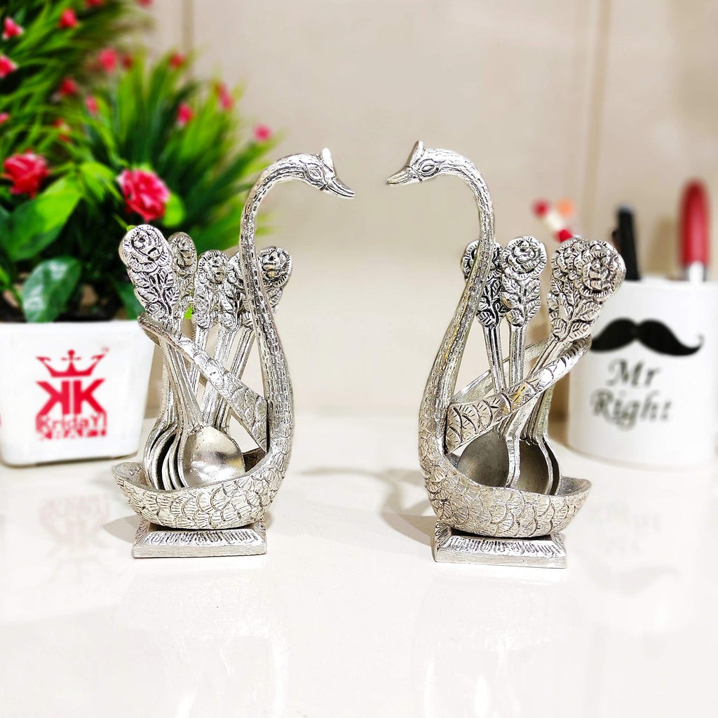 KridayKraft Metal Swan (Duck) Silver Spoon Stand for Dining Table Spoon Set with Stand/Decorative Spoon Rest Showpiece Item for Dining Table...