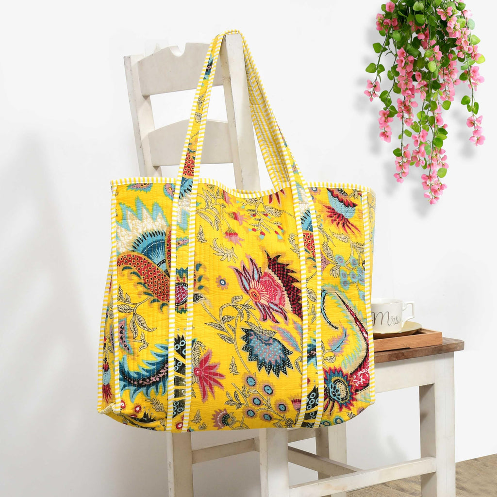 MITTICO Quilted Cotton Tote Bag for Women – Handmade Travel Shoulder Handbag with Zipper & Multiple Pockets | Lightweight & Durable Everyday Tote Bag | Yellow Floral Print