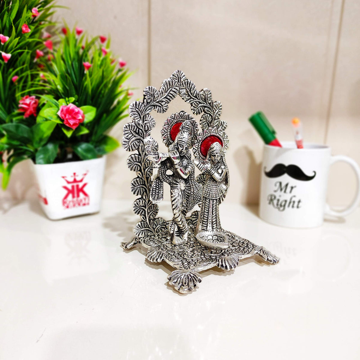 KridayKraft Metal Radha Krishna Idol Statue with Silver Antique Finish so Looks Very Beautiful and use for the Purpose of Worship and Decorative for Home,Office&Table Gift for Birthday