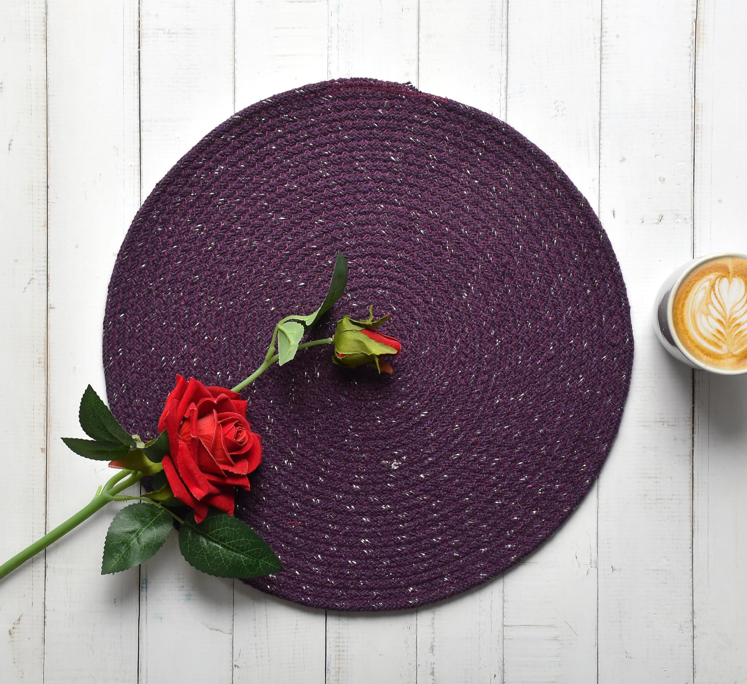 LaVichitra Braided Cotton Placemats 33 Cm Round - Dining Table, Bed Side/Centre Table/Shelves - Purple - 6 Piece Kafalo