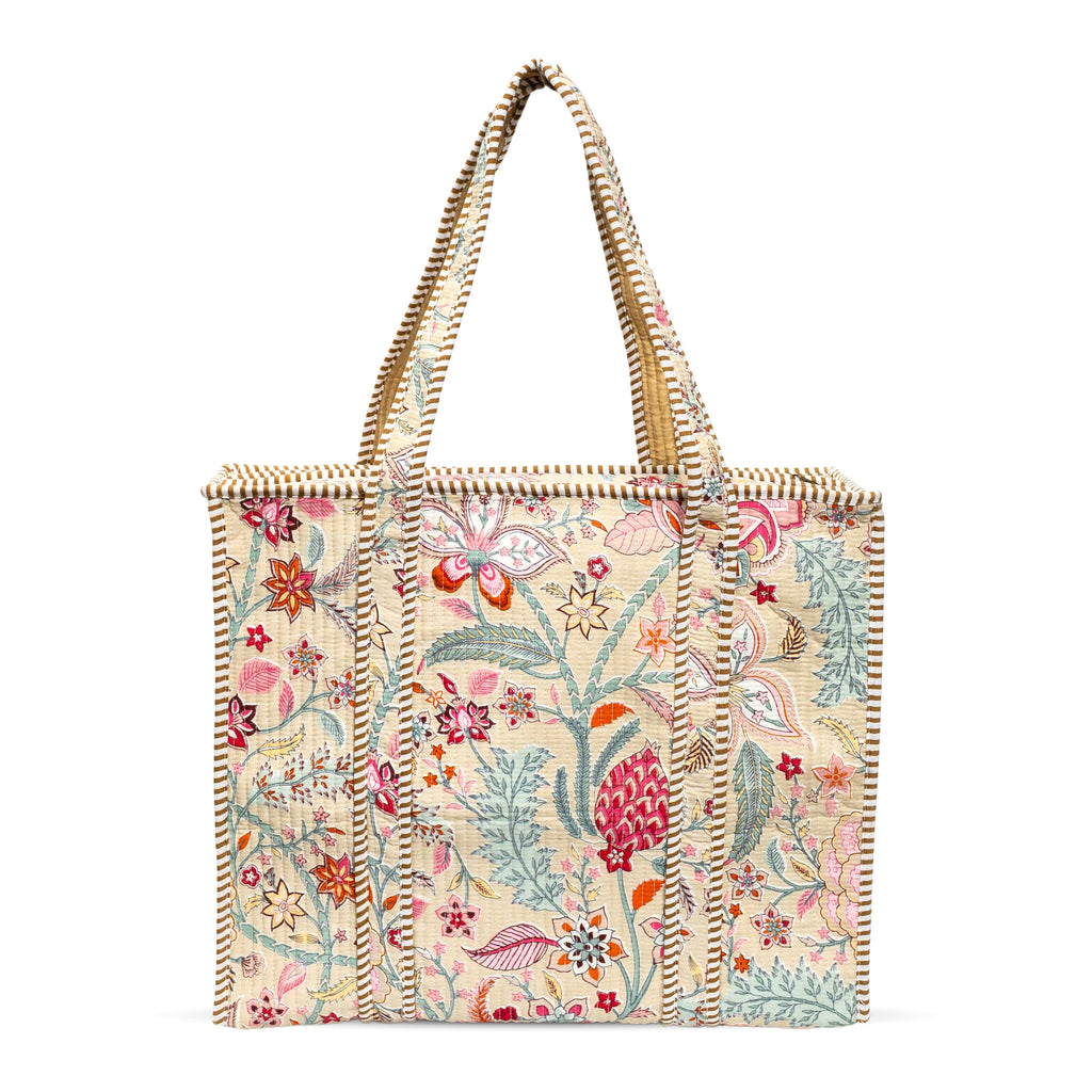 MITTICO Quilted Cotton Tote Bag – Handmade Large Travel Shoulder Bag with Zipper & Pockets – Lightweight, Durable & Stylish for Daily Use (Beige Floral)