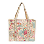 MITTICO Quilted Cotton Tote Bag – Handmade Large Travel Shoulder Bag with Zipper & Pockets – Lightweight, Durable & Stylish for Daily Use (Beige Floral)
