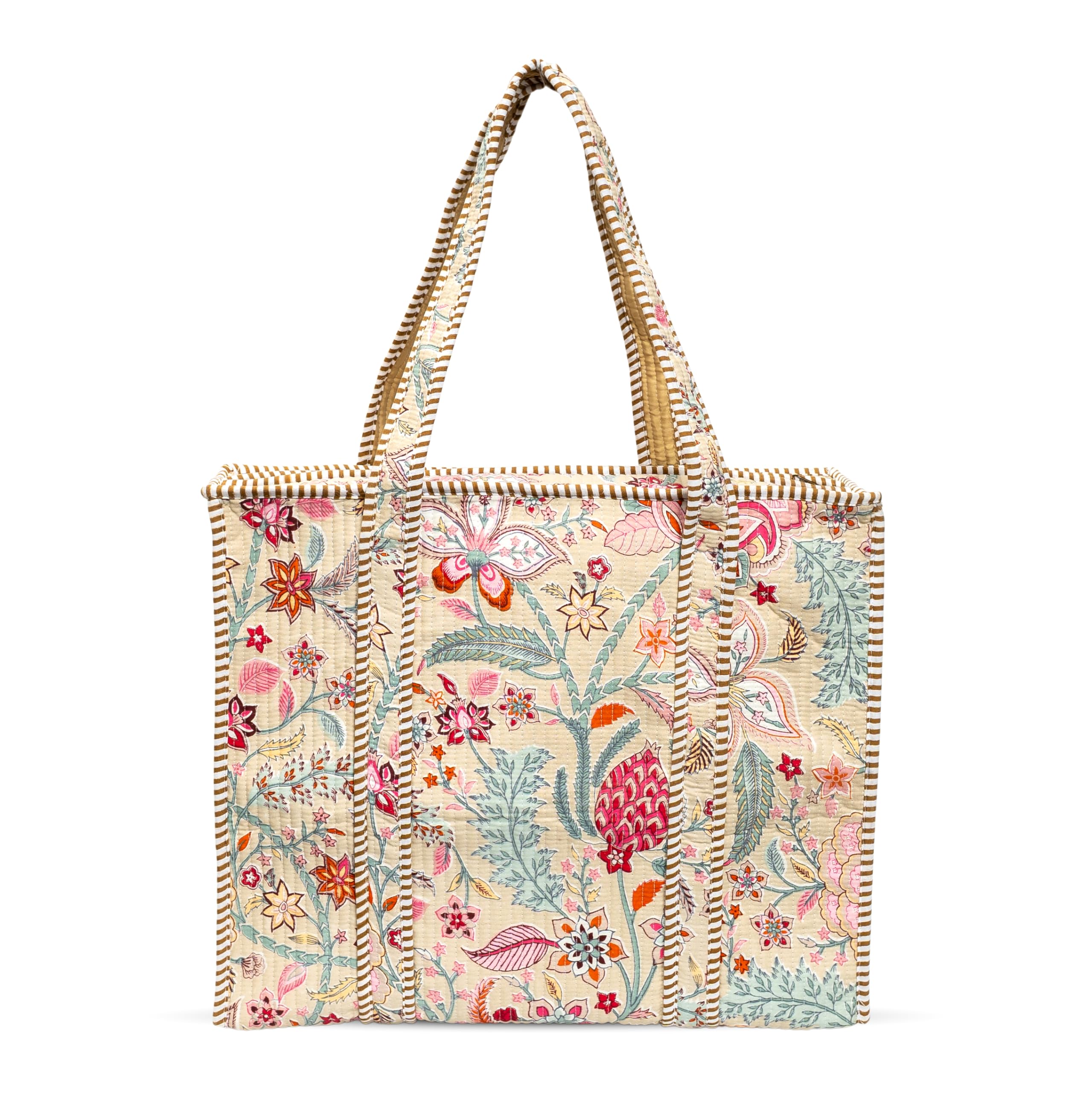 MITTICO Quilted Cotton Tote Bag – Handmade Large Travel Shoulder Bag with Zipper & Pockets – Lightweight, Durable & Stylish for Daily Use (Beige Floral)