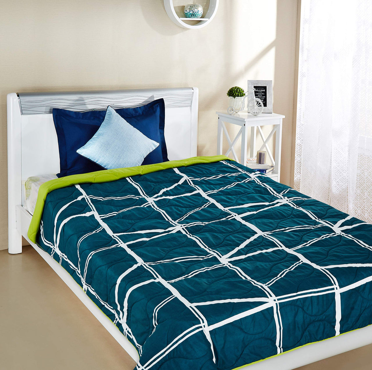 A Brand New - Solimo Microfibre Quilt AC Blanket, 120 GSM, Green, Double (Winsome Waves, 230 x 254 cm) Kafalo