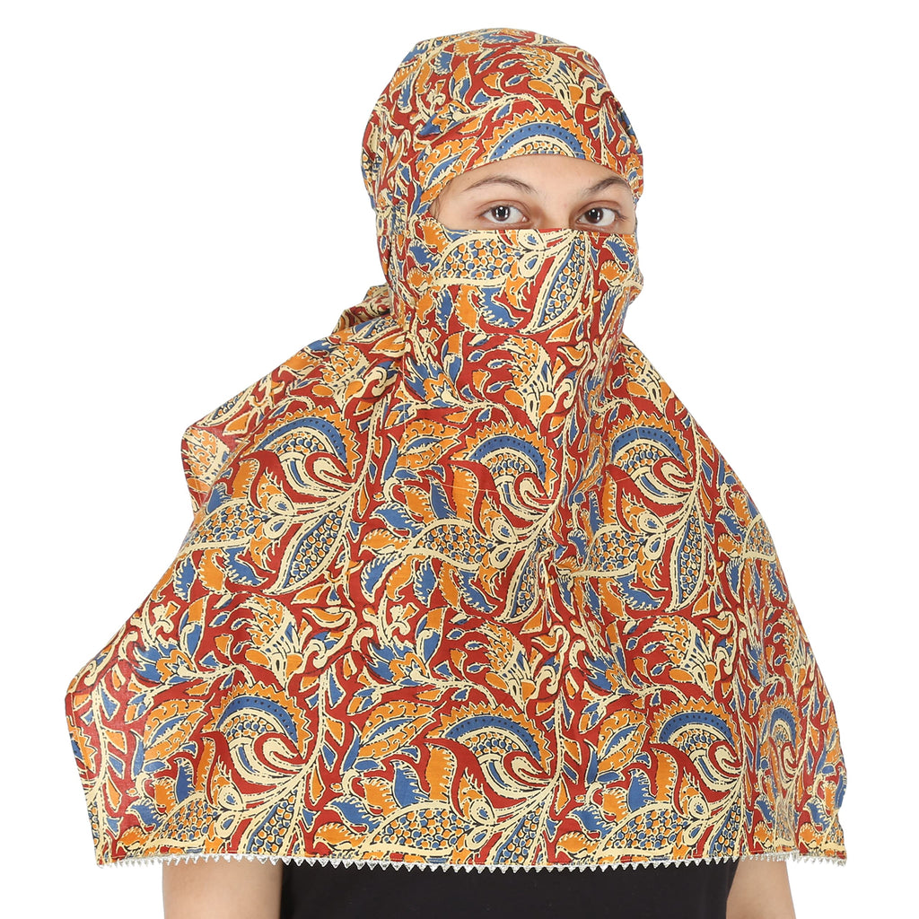 DEEPNYRA - LIVING STYLE Scarf Face Full Covering With Mask Head Hair Wrap Sun Protection For Women Cotton Printed Square All Season Wear (REDKALAM)