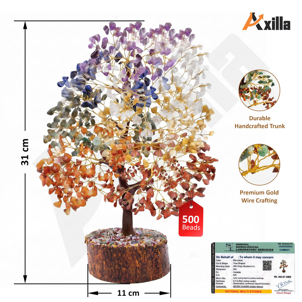 Axilla 500 Beads 7 Chakra Crystal Tree of Life for Positive Energy | Big Size Natural Healing Gemstone Money Tree | Showpiece for Home Decor, Living Room & Office Desk | Feng Shui Luck (Multicolor)