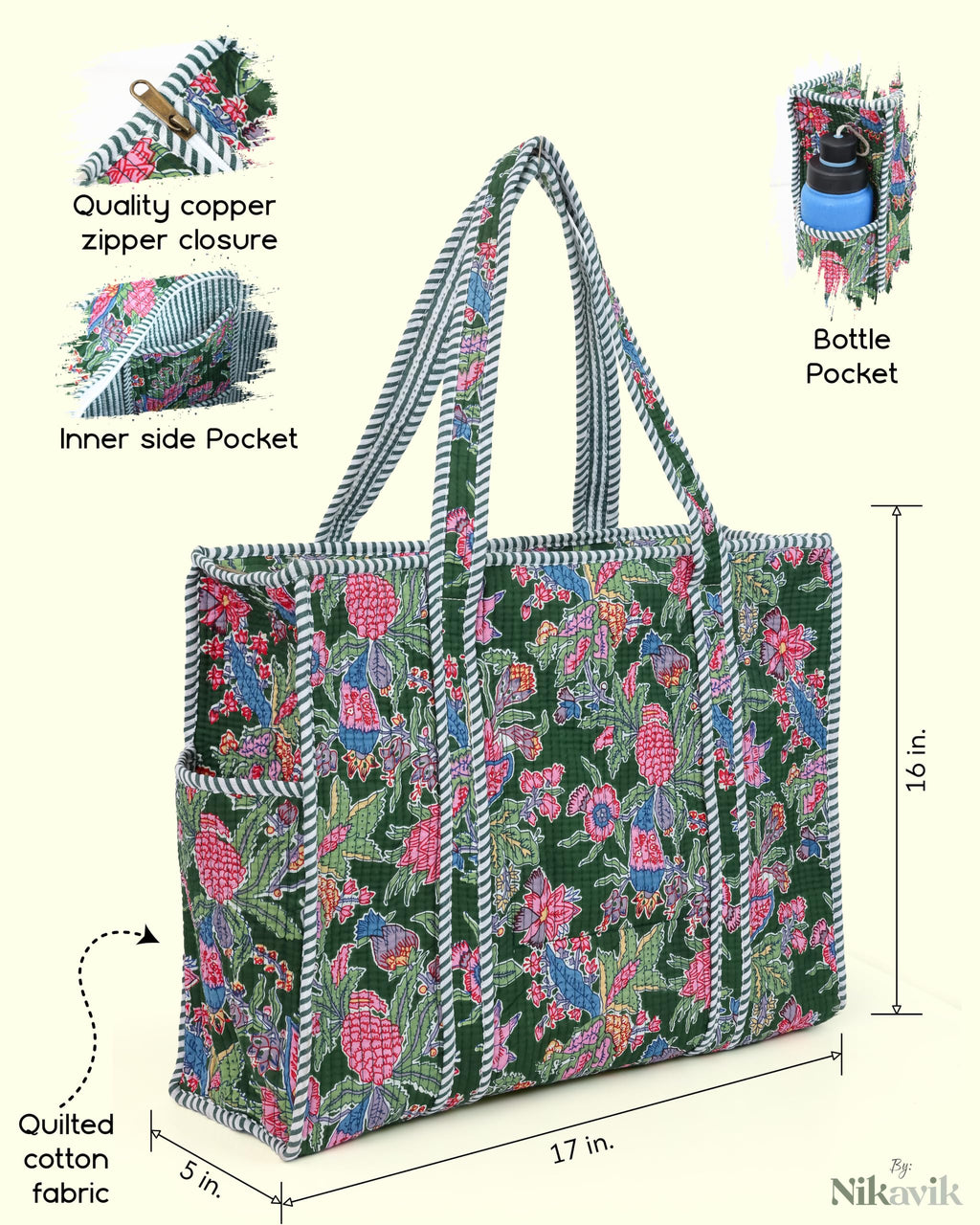 NIKAVIK 1 Tote Bag and 3 Pouches | Jaipuri Quilted fabric Handblock Printed Tote Bag (with zip closure and bottle compartment) with Matching Pouches (Green Multi)