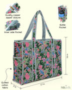 NIKAVIK 1 Tote Bag and 3 Pouches | Jaipuri Quilted fabric Handblock Printed Tote Bag (with zip closure and bottle compartment) with Matching Pouches (Green Multi)