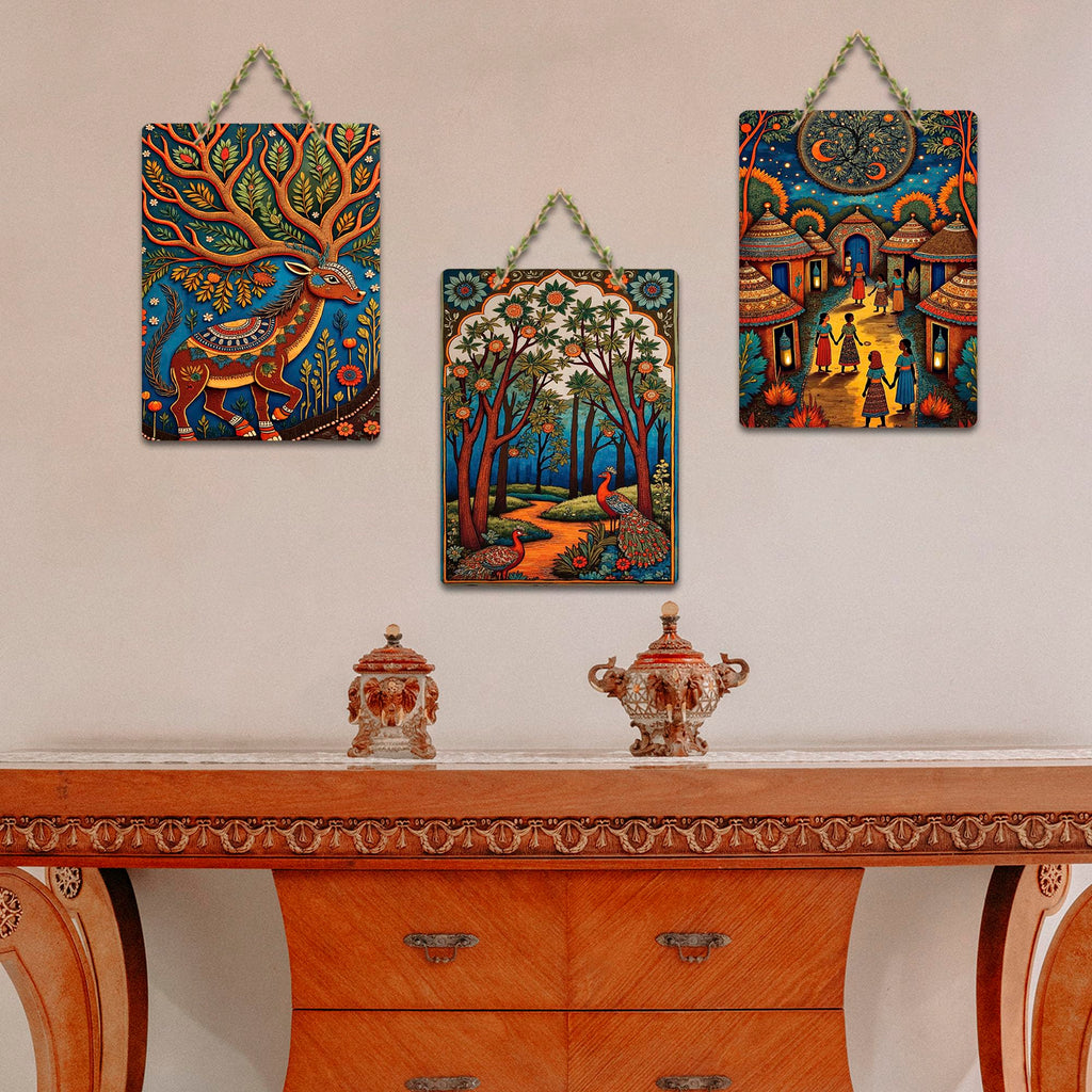 Artvibes Traditional Indian Nature Artwork Decorative MDF Wooden Wall Art for Home | Printed Wall Decoration | Graphic Artwork | Aesthetic Wooden Decor | Sceneries | Ideal Gifts (WH_96103N), Set of 3