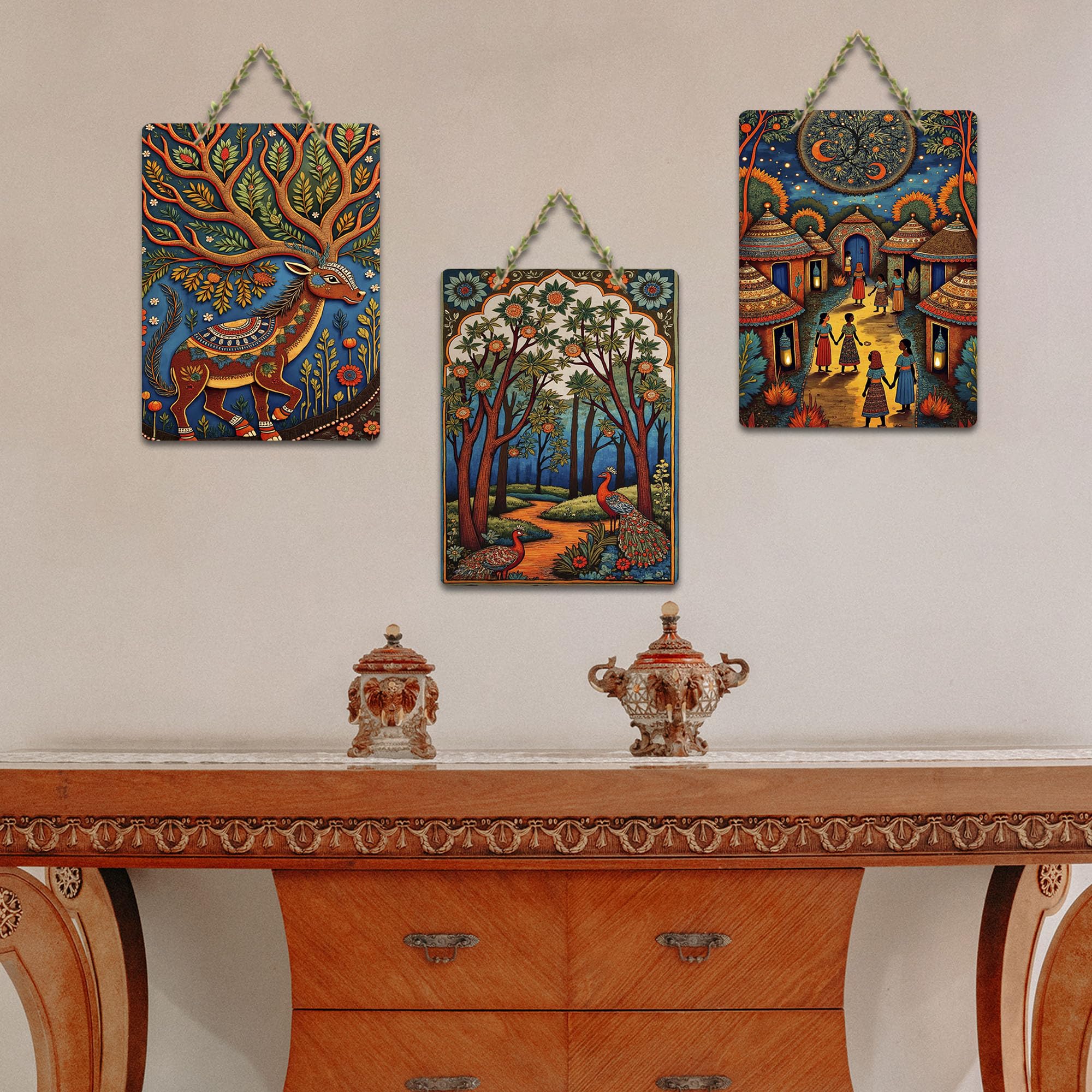Artvibes Traditional Indian Nature Artwork Decorative MDF Wooden Wall Art for Home | Printed Wall Decoration | Graphic Artwork | Aesthetic Wooden Decor | Sceneries | Ideal Gifts (WH_96103N), Set of 3