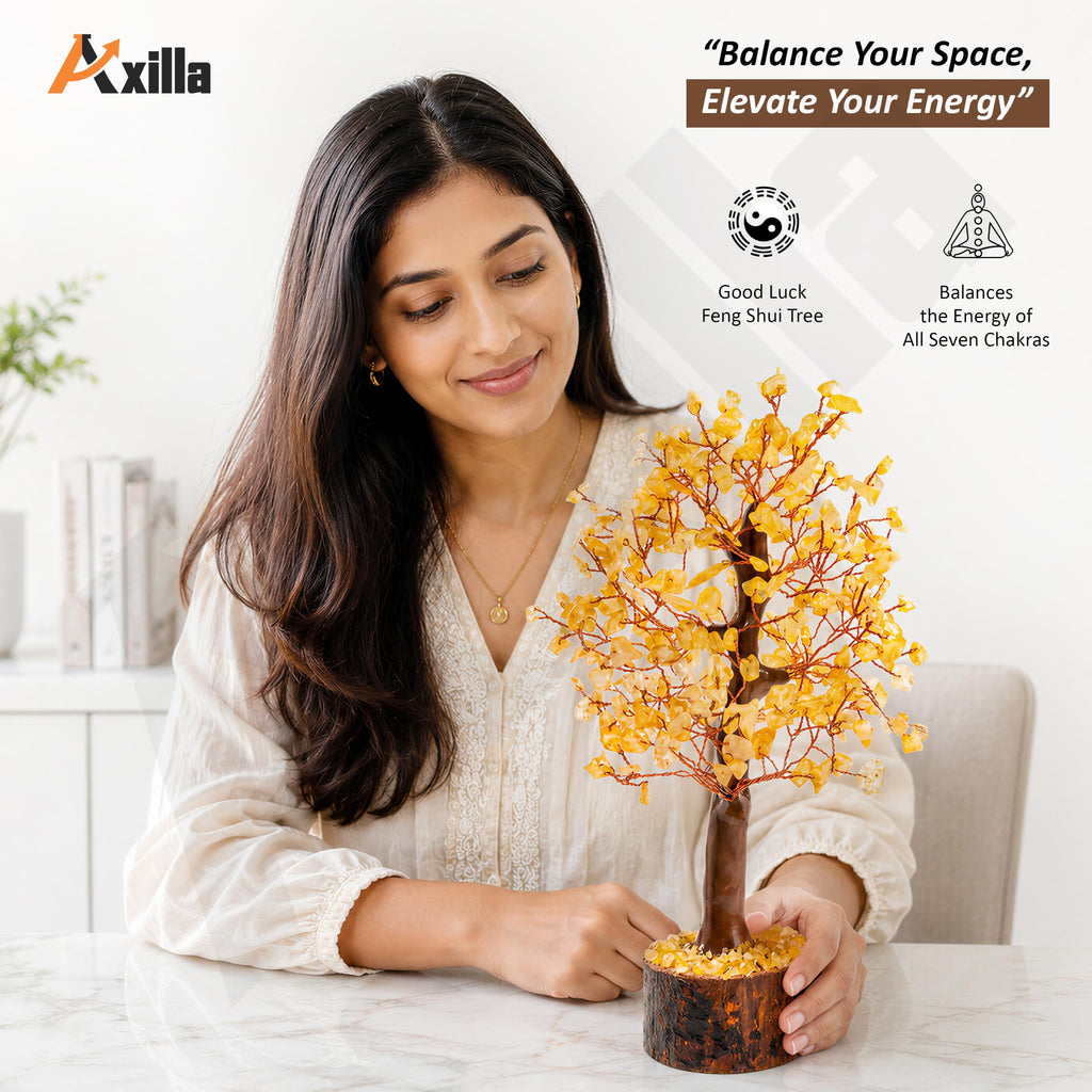 Axilla Natural Citrine Crystal Tree with Wooden Base | Merchant Stone of Abundance & Financial Growth | Feng Shui Good Luck Tree Showpiece for Office Desk, Shop Counter & Living Room