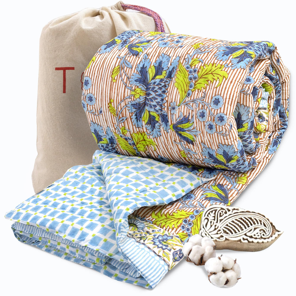 TOAIArt Jaipuri Quilt | Lightweight Comforter/Razai/Rajai | Hand Quilted | Block Printed Reversible 3 Layer| Premium Mulmul Cotton| Cotton Wool Filling| King Size 108” X 90” |Large Night Flowers Kafalo