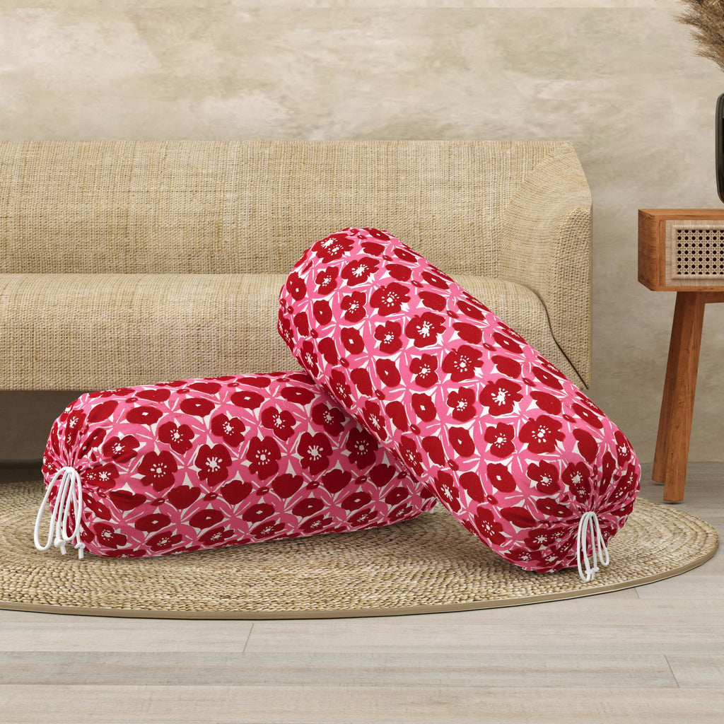 BLOCKS OF INDIA Cotton Hand Block Printed Bolster Cover | Booster Cover with Drawstring | Round Long Pillow Cover for Bed | Dewan Pillow Cover Set 16 X 32 | Set of 2 (RED Flower)