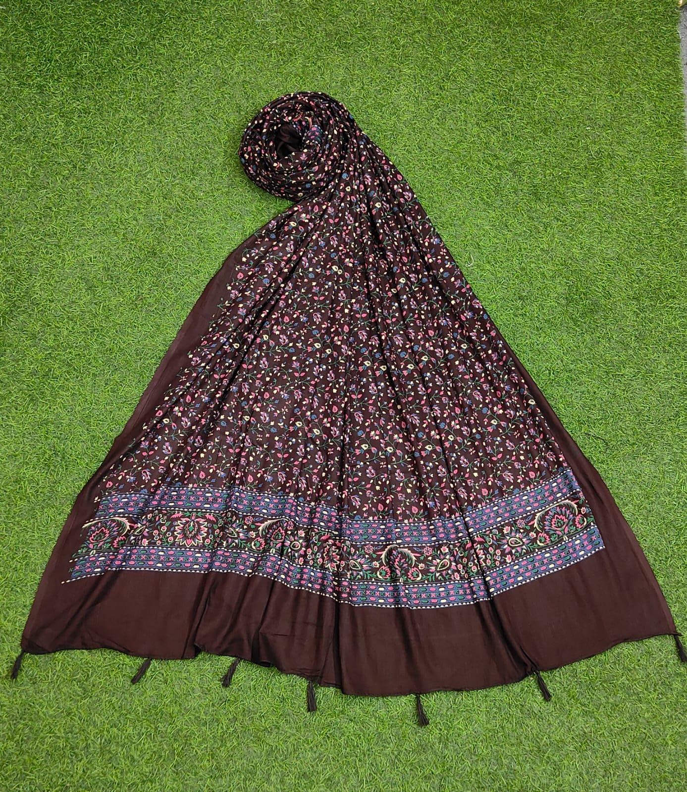 JAHAN TEXTILE Floral Printed Scarf for Women | Soft Lightweight Dupatta/Stole with Tassels | Elegant Ethnic & Casual Wear Wrap | Stylish Designer Shawl for All Seasons (Brown)
