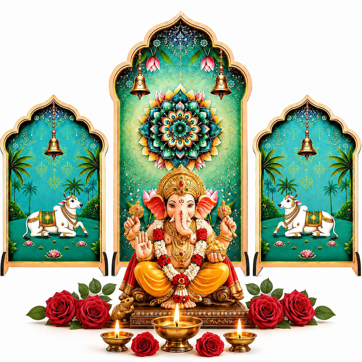 Ganpati Decoration Setup for Home, Premium MDF Ganesh Chaturthi Backdrop Stand, 3 Panel Traditional Mandap Decor for Pooja, Aarti, Festival & Housewarming, Suitable for up to 12 Inches Ganpati.