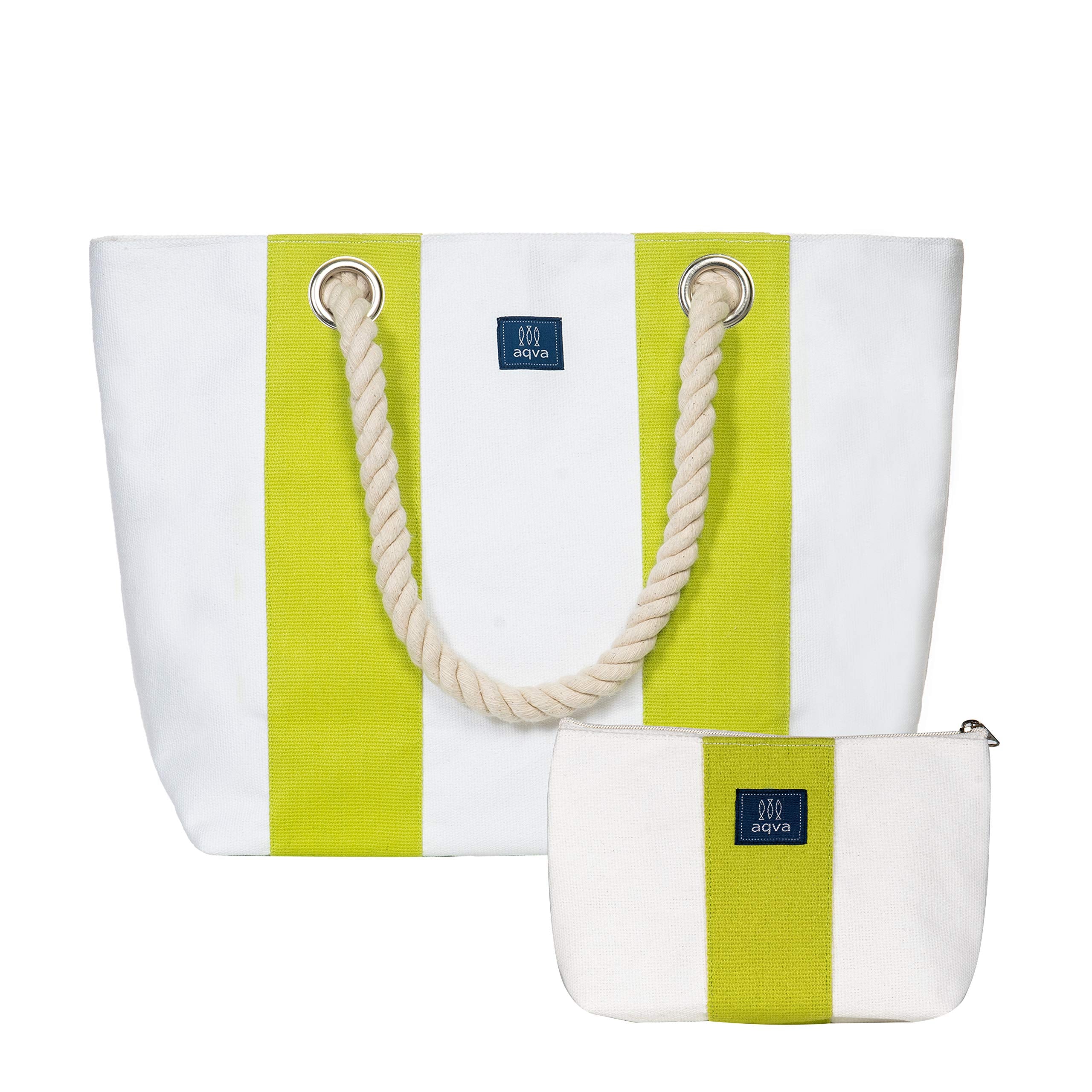 AQVA Women's Tote Bag With Zipper Pouch, Cotton Canvas Shoulder Bag With Rope Handles & Magnetic Button Closure, Utility Handbag For Travel, Work, Shopping, Office, College, Beach, White