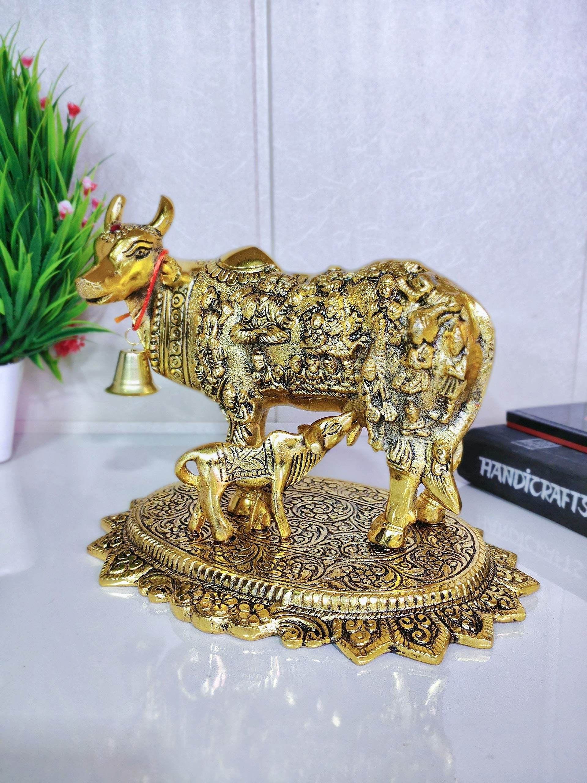 Prince Home Decor & Gifts Metal Kamdhenu Cow with Calf Statue Standard Gold, 1 Piece