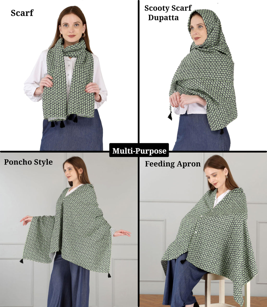 Switchon Rayon Nursing Cover for Breastfeeding Multi Use Poncho Style Scarf with Buttons, Feeding Apron Breathable for Pre & Post Pregnancy free size (72inch x 22inch) (Green_Black)