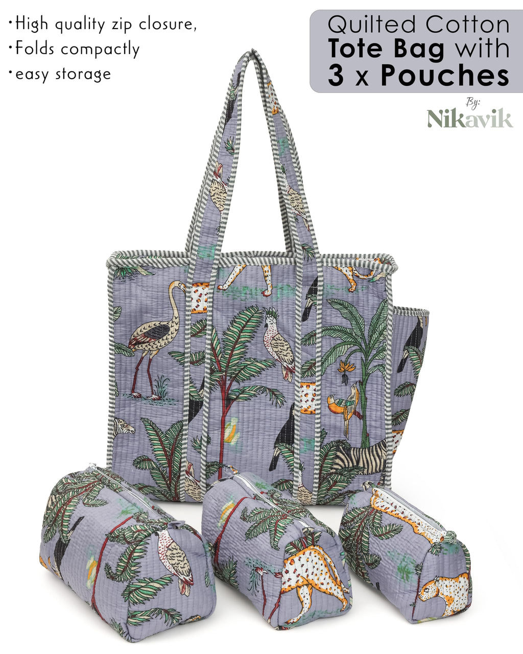 NIKAVIK 1 Tote Bags and 3 Pouch Quilted fabric Handblock Printed Tote Bag(with zip) and bottle compartment with Matching Pouches (Grey)