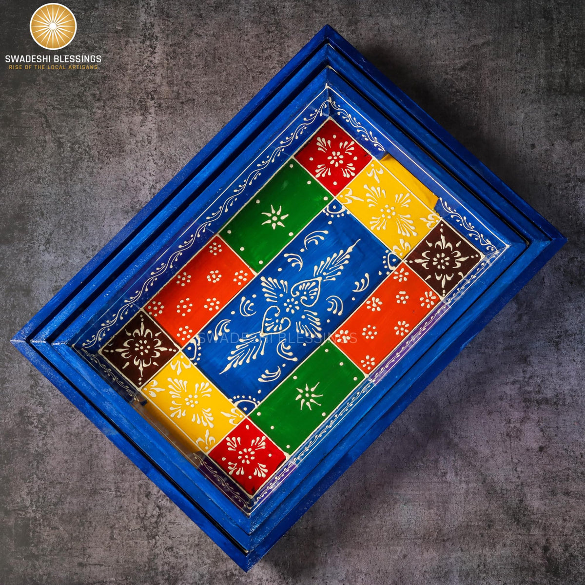Swadeshi Blessings Wooden Serving Tray Set- Handcrafted & Hand-Painted for Kitchen/Table & Home Decor/Dinning/Gifts/Restaurants/Living Room/Coffee Table (Set of 3 Trays) (Blue)(Rectangular)
