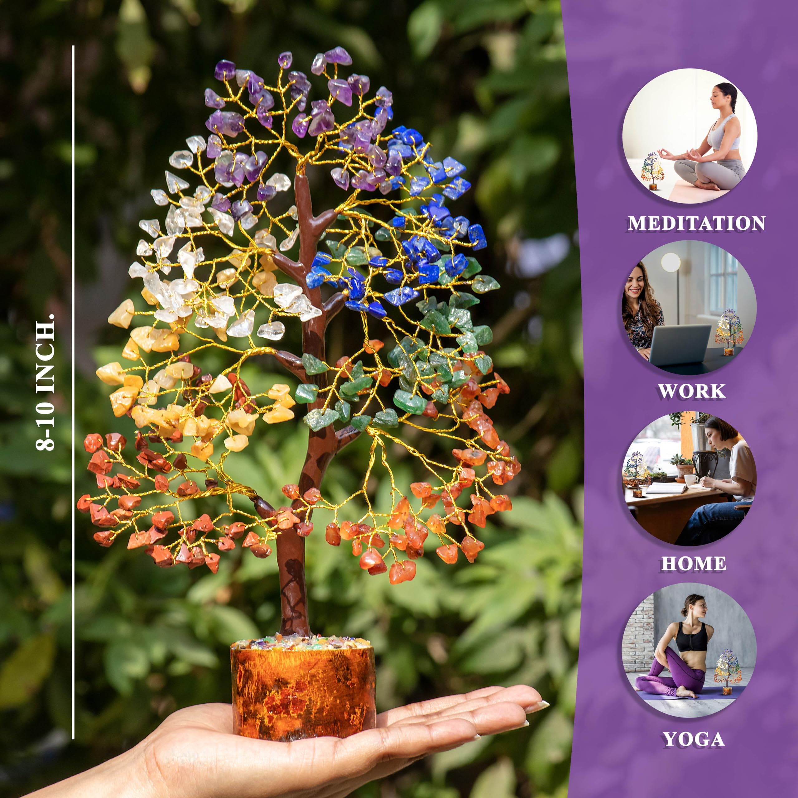 HindCraft Seven Chakra Crystal Tree for Good Luck & Positive Energy | Multicolor Golden Wire Bonsai Money Tree with Crystals & Gemstones | Perfect Home Décor & Gift Item