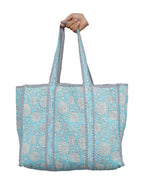 Ravaiyaa - Attitude is everything Women & Man Beautiful Printed Cotton Grocery Shopping Bag | Shoulder Bag | Cotton Tote Bag | Travel Tote Bags 18x5.5x16 Inch (Turquoise White Floral)