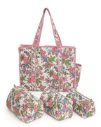 NIKAVIK 1 Tote Bags and 3 Pouch Quilted fabric Handblock Printed Tote Bag(with zip) and bottle compartment with Matching Pouches (White Pink)