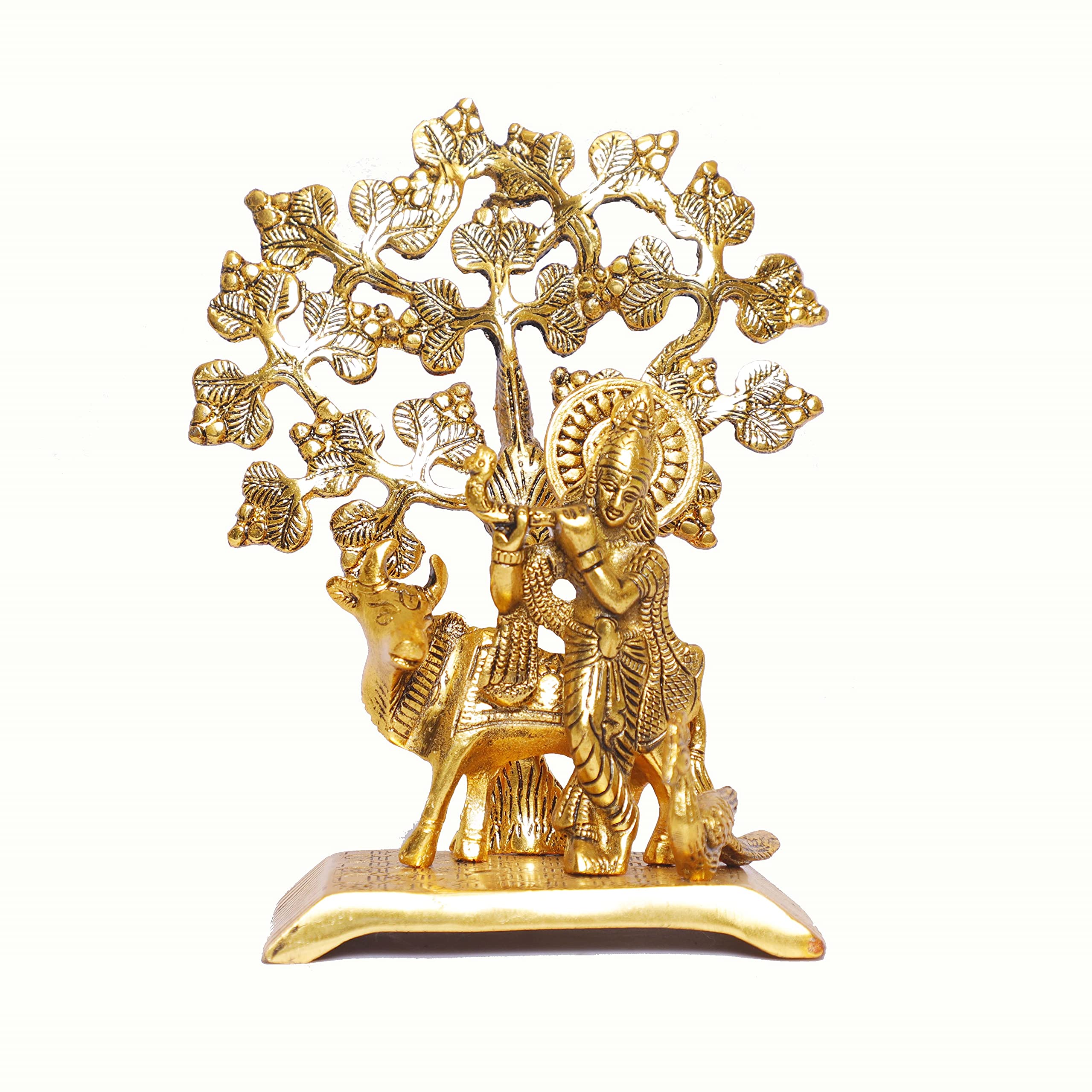 KridayKraft Metal Krishna Idol Statue with kamdhenu Cow Standing Under Tree Showpiece Figurine for Pooja Room & Gift,Decorative Religious Statue for Home,Office & Table...