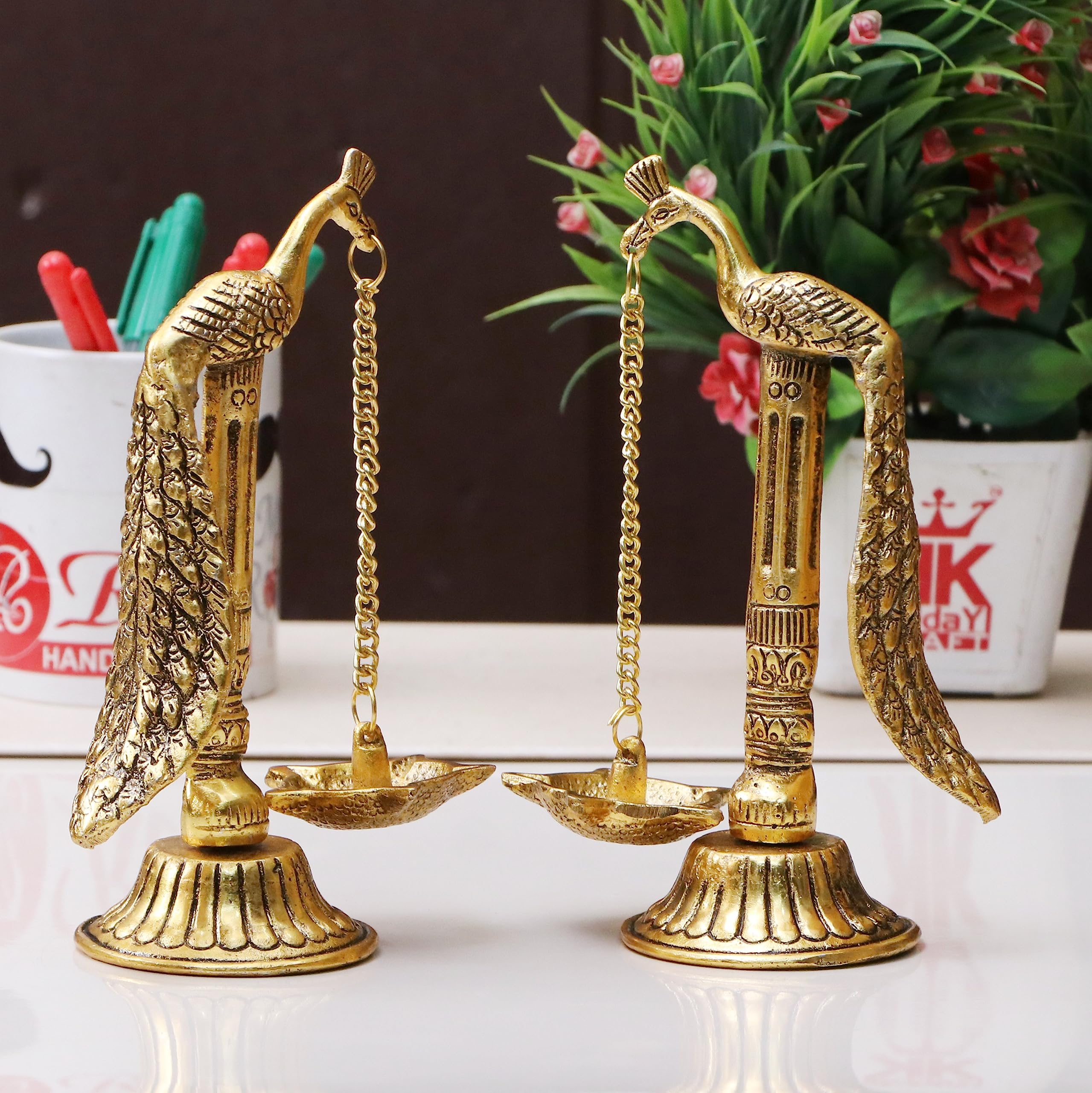 Peacock Design Metal Hanging with Chain Diya Pair of Peacock Design Bird Diya Deepak Oil Lamp
