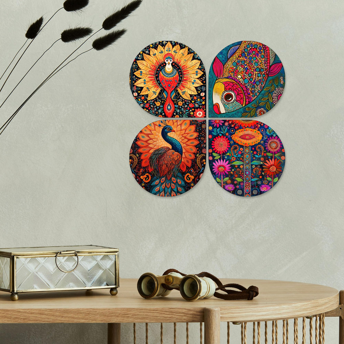 Artvibes Colorful Peacock and Fish Decorative Wall Art MDF Wooden Wall Hanger for Home | Art For Wall | Door Decoration Items | Wall Illustrations | Paintings For Wall | Gift Item (WH_8443N), Set of 4