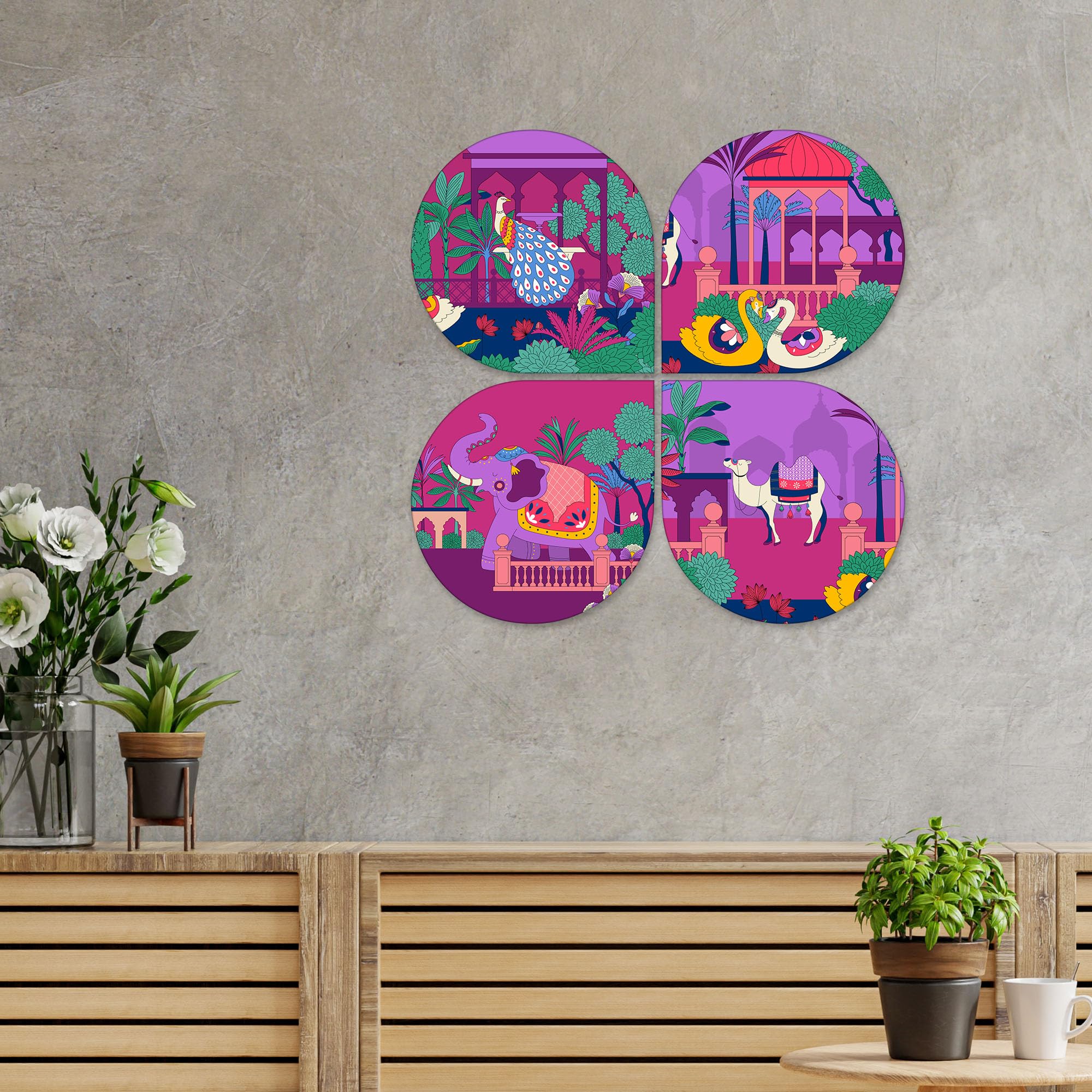 Artvibes Rajasthan Animal Wooden Art Decoration Item for Home | Living Room | Office | Cafe | Painting Wall Decor | Aesthetic Wooden Decor | Door Hanging Art Items | Ideal Gifts (WH_8432N), Set of 4