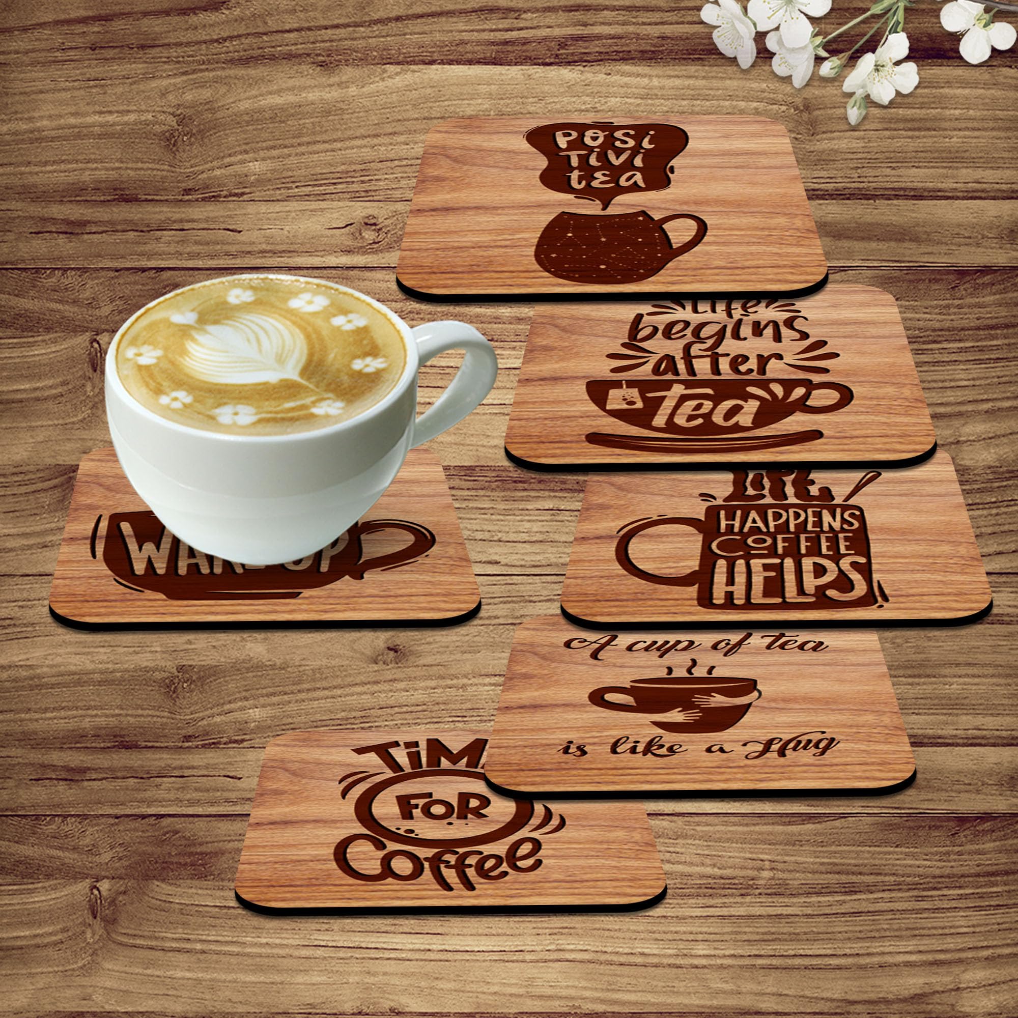 Artvibes Printed MDF Wooden Coasters for Home and Kitchen | Dining Table Decor | Square Coasters | Kitchen Decorative Items | Table Decoration | Home Decor (Set of 6 | 4x4 Inch)(Coffee Quote) TC_2015