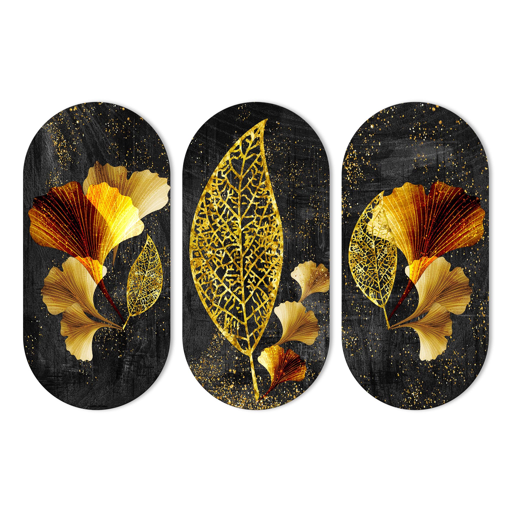 Artvibes Golden Leaf Auspicious Wooden Art Work Wall Hanging For Good Luck Properity Vastu | Spiritual Decor Items | Paintings | Wall Illustrations| Modern Decor Item | Ideal Gift (WH_9001N), Set of 3