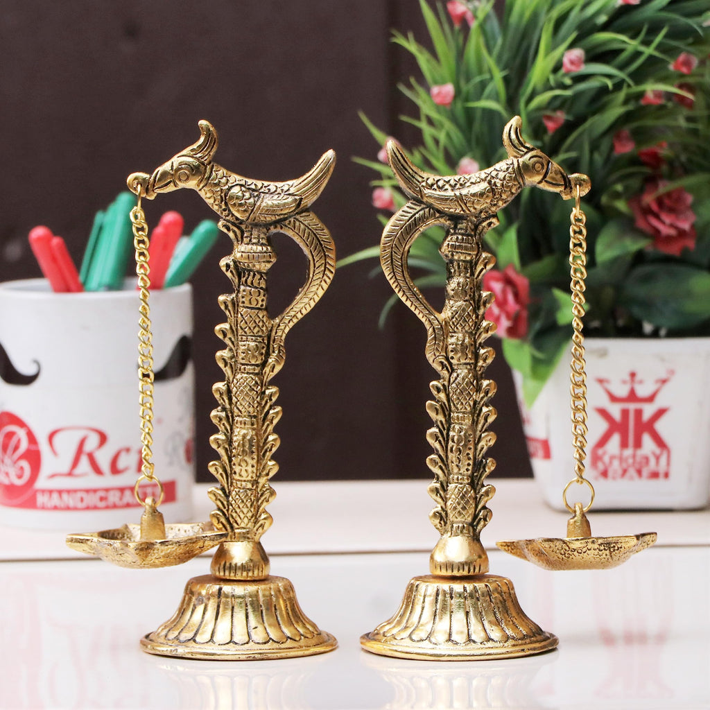 Kridaykraft Parrot Design Metal Hanging with Chain Diya Pair of Parrot Design Bird Diya Deepak Oil Lamp Metal Gold Finish