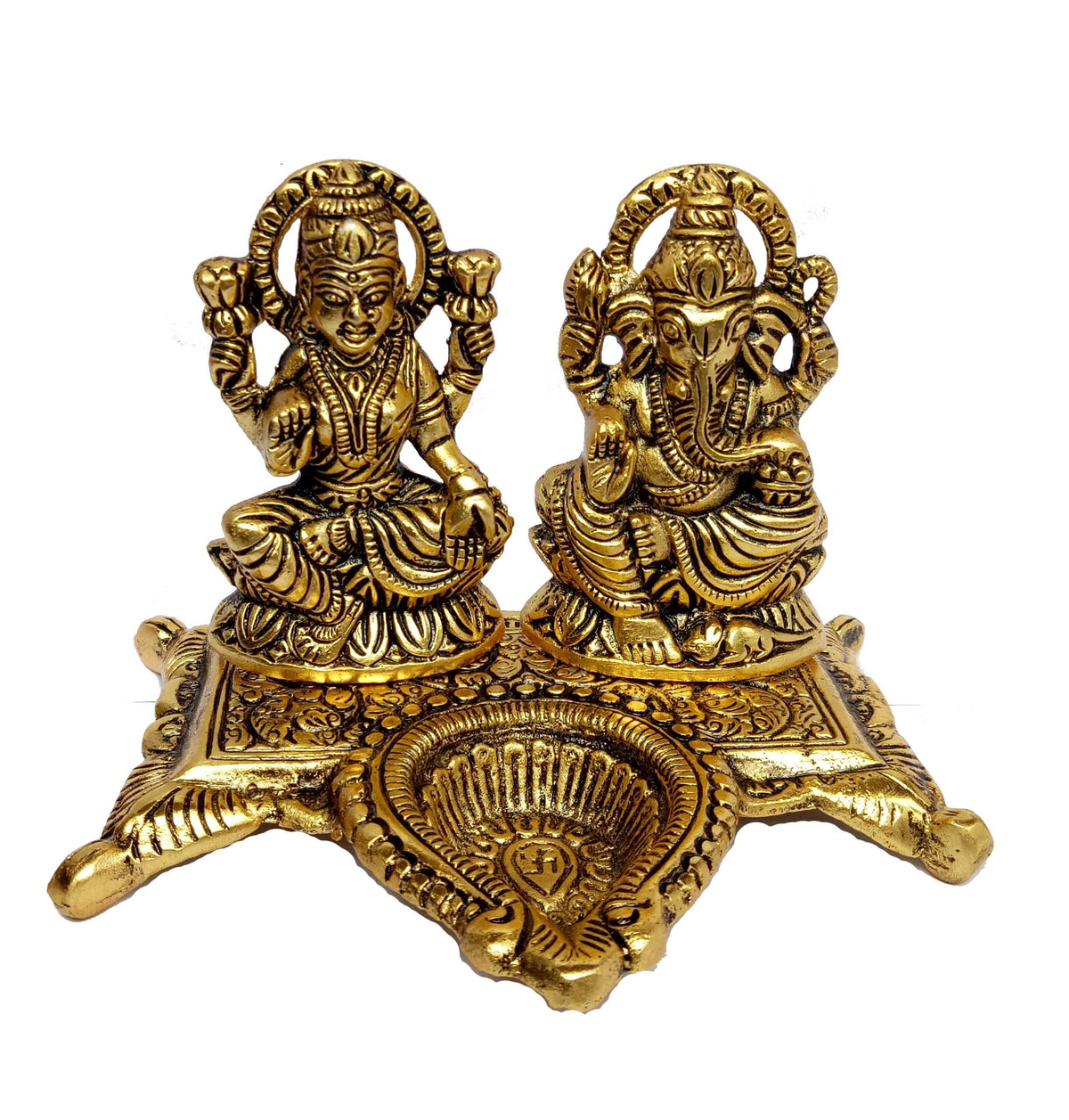 Prince Home Decor & Gifts White Metal Gold Plated Laxmi Ganesh Chocki Diya God Idol