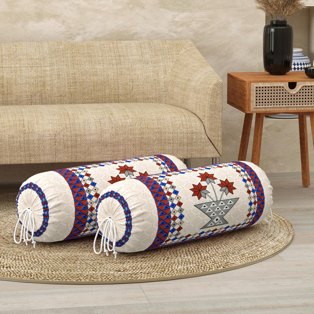 BLOCKS OF INDIA Cotton Hand Block Printed Bolster Cover | Booster Cover with Drawstring | Round Long Pillow Cover for Bed | Dewan Pillow Cover Set 16 X 32 | Set of 2 (Maroon Star)