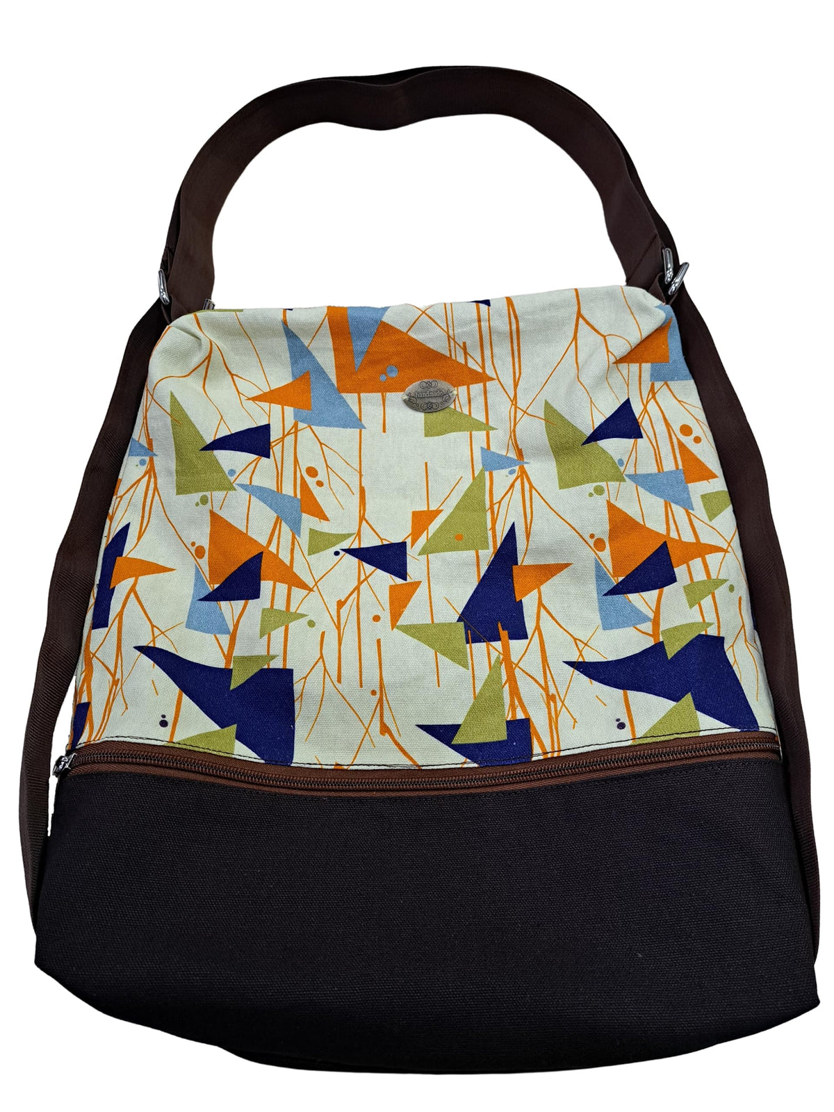 Fabjute Stylish Canvas Zipped Convertible 2in1 Shoulder Tote Handbag and Backpack with cotton lining, useful as a Travel, Shopping, Gym, Tuition Bag (BrownHorizontalPattern)