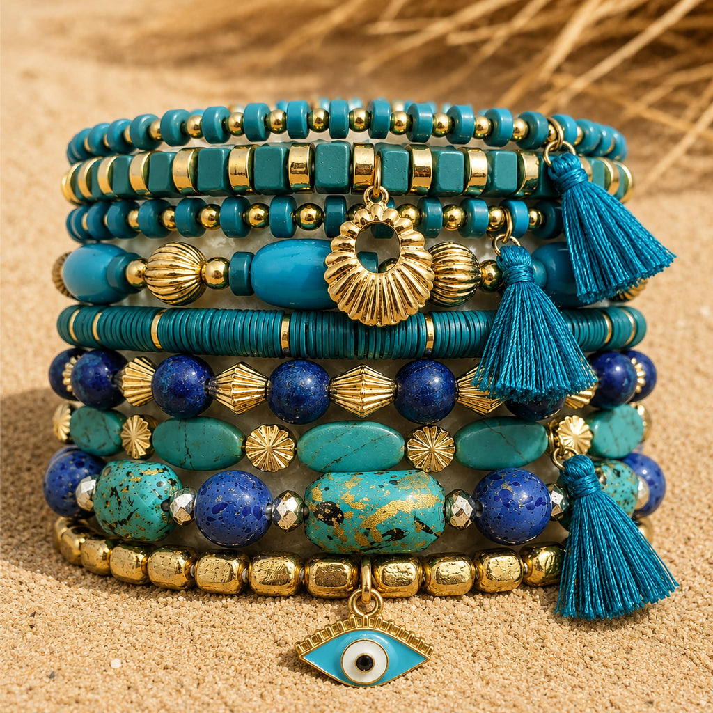 BOHENOOR Bohemian Multicolour Beads Bracelet Set for Women and Girls – Handmade Stackable Stretchable Boho Charm Bracelets for Stylish Looks (Aqua)