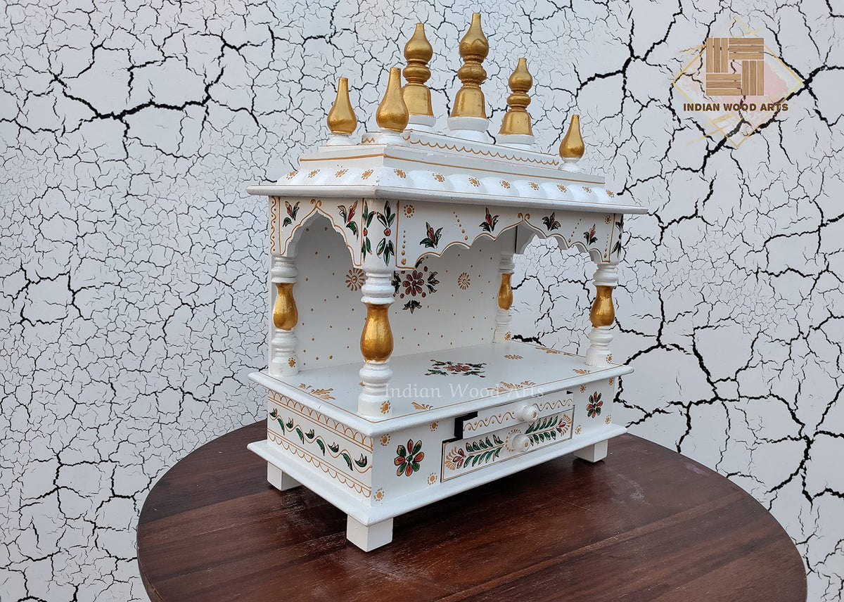 Indian Wood Art Handcrafted Wooden Temple | Pooja Mandir for Home | Pooja Mandap for God Idol Decorative Spiritual Altar with Drawer