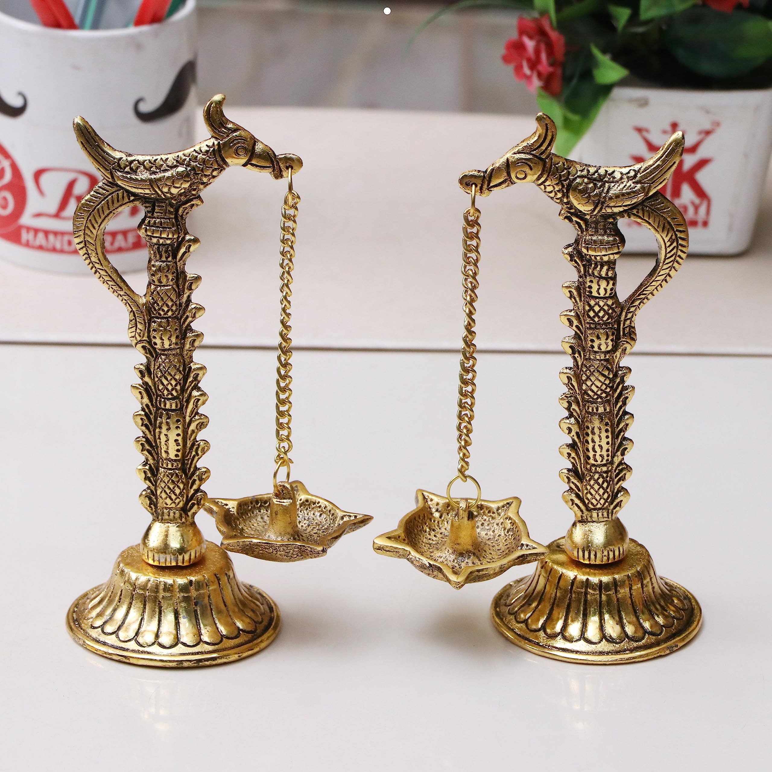 Kridaykraft Parrot Design Metal Hanging with Chain Diya Pair of Parrot Design Bird Diya Deepak Oil Lamp Metal Gold Finish