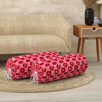 BLOCKS OF INDIA Cotton Hand Block Printed Bolster Cover | Booster Cover with Drawstring | Round Long Pillow Cover for Bed | Dewan Pillow Cover Set 16 X 32 | Set of 2 (RED Flower)