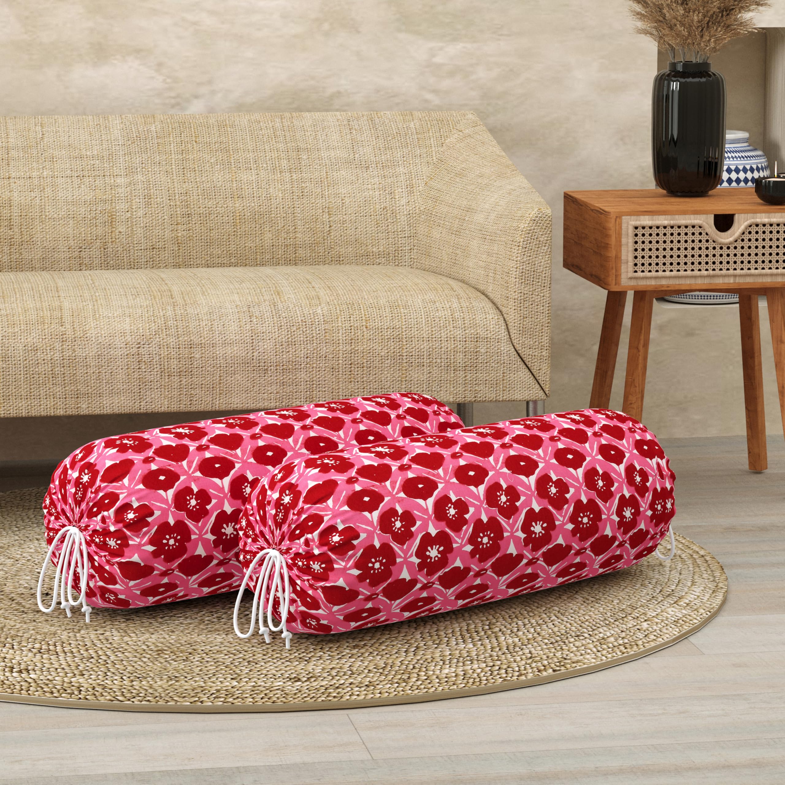 BLOCKS OF INDIA Cotton Hand Block Printed Bolster Cover | Booster Cover with Drawstring | Round Long Pillow Cover for Bed | Dewan Pillow Cover Set 16 X 32 | Set of 2 (RED Flower)